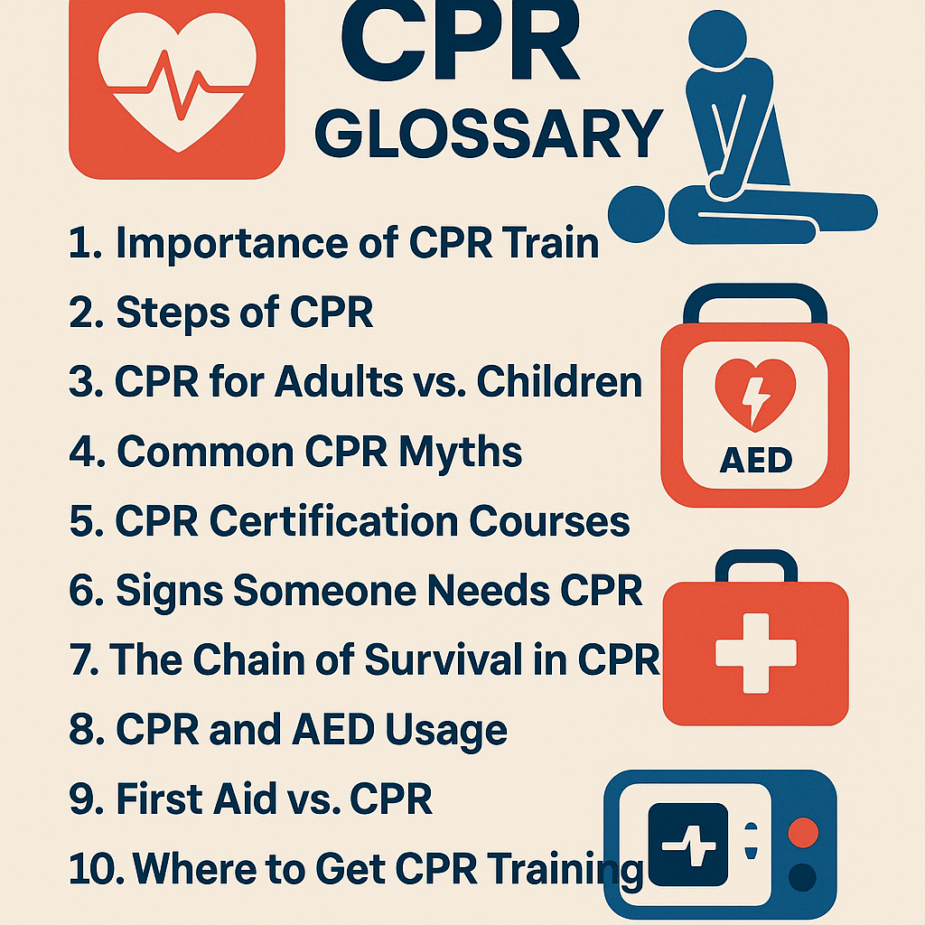 1. Importance of CPR Training 2. Steps of CPR 3. CPR for Adults vs. Children 4. Common CPR Myths 5. CPR Certification Courses 6. Signs Someone Needs CPR 7. The Chain of Survival in CPR 8. CPR and AED Usage 9. First Aid vs. CPR 10. Where to Get CPR Training