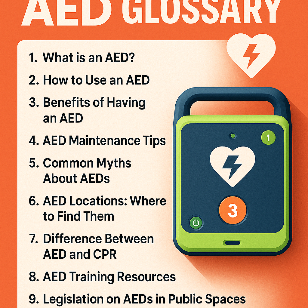 1. What is an AED? 2. How to Use an AED 3. Benefits of Having an AED 4. AED Maintenance Tips 5. Common Myths About AEDs 6. AED Locations: Where to Find Them 7. Difference Between AED and CPR 8. AED Training Resources 9. Legislation on AEDs in Public Spaces 10. FAQs About AEDs