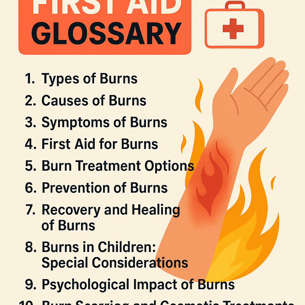 1. Types of Burns 2. Causes of Burns 3. Symptoms of Burns 4. First Aid for Burns 5. Burn Treatment Options 6. Prevention of Burns 7. Recovery and Healing of Burns 8. Burns in Children: Special Considerations 9. Psychological Impact of Burns 10. Burn Scarring and Cosmetic Treatments