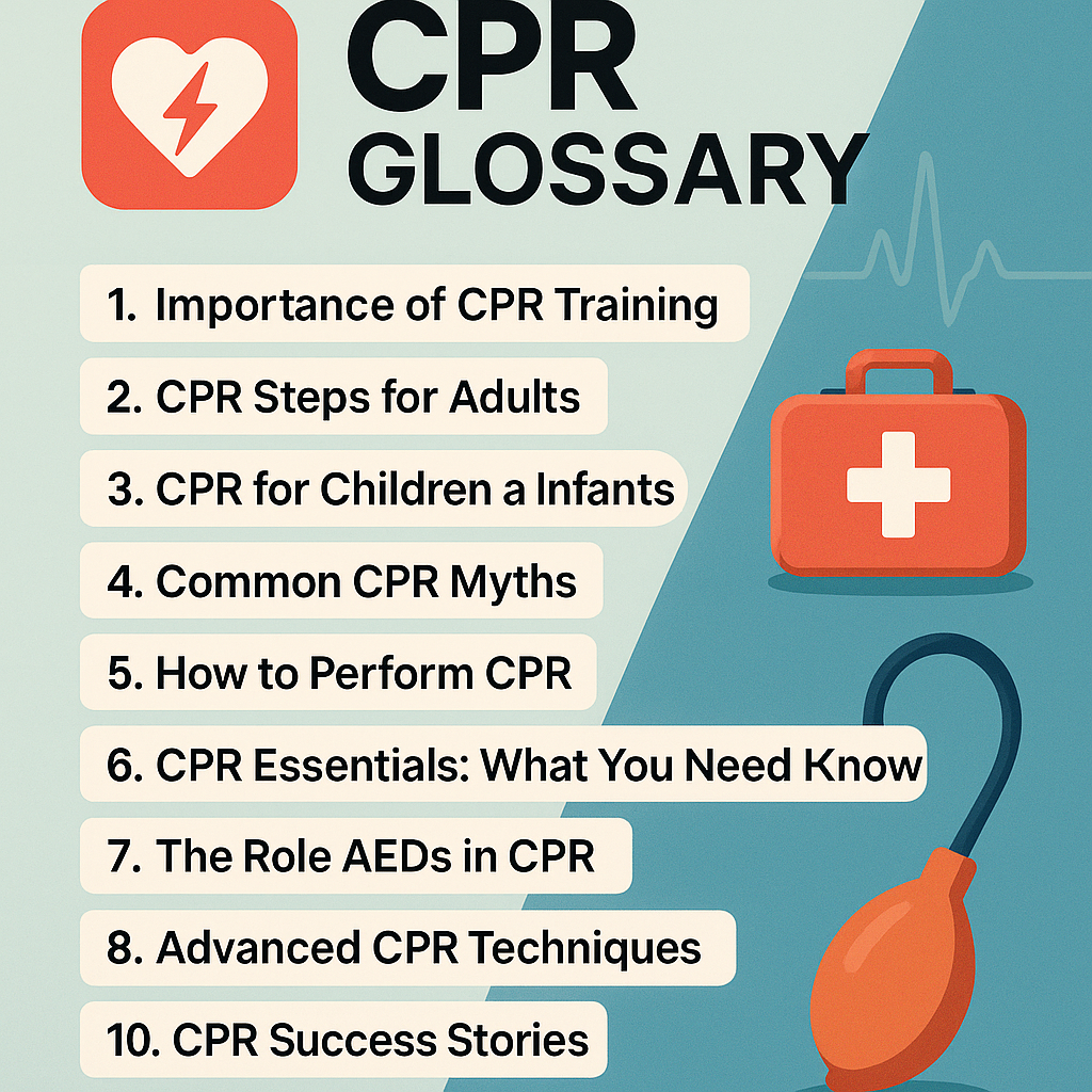 1. Importance of CPR Training 2. CPR Steps for Adults 3. CPR for Children and Infants 4. Common CPR Myths 5. How to Perform CPR 6. CPR Essentials: What You Need to Know 7. The Role of AEDs in CPR 8. CPR Statistics: Saving Lives 9. Advanced CPR Techniques 10. CPR Success Stories