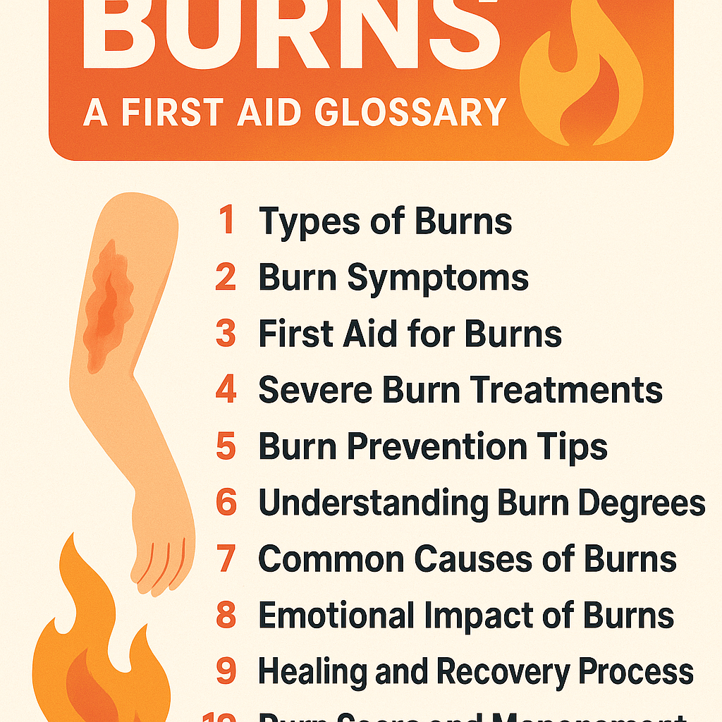 1. Types of Burns 2. Burn Symptoms 3. First Aid for Burns 4. Severe Burn Treatments 5. Burn Prevention Tips 6. Understanding Burn Degrees 7. Common Causes of Burns 8. Emotional Impact of Burns 9. Healing and Recovery Process 10. Burn Scars and Management