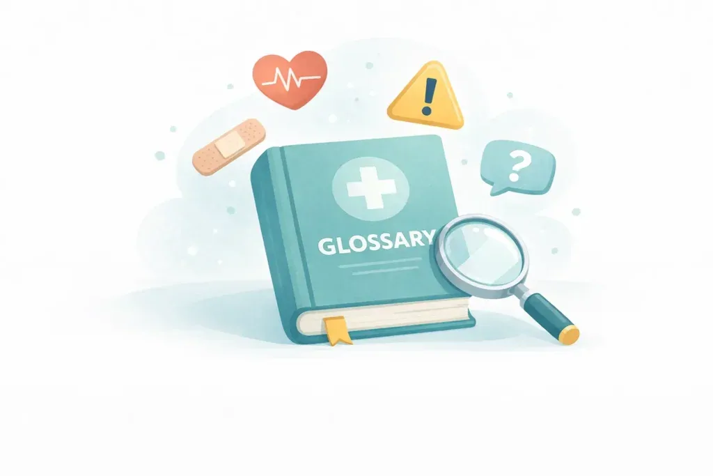 first aid glossary with magnifying glass and symbols