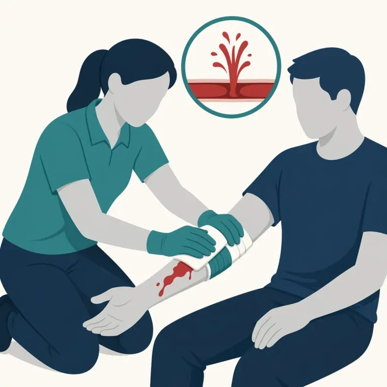 Flat illustration of a first aider applying firm pressure and bandaging to an arm wound to represent arterial bleeding.