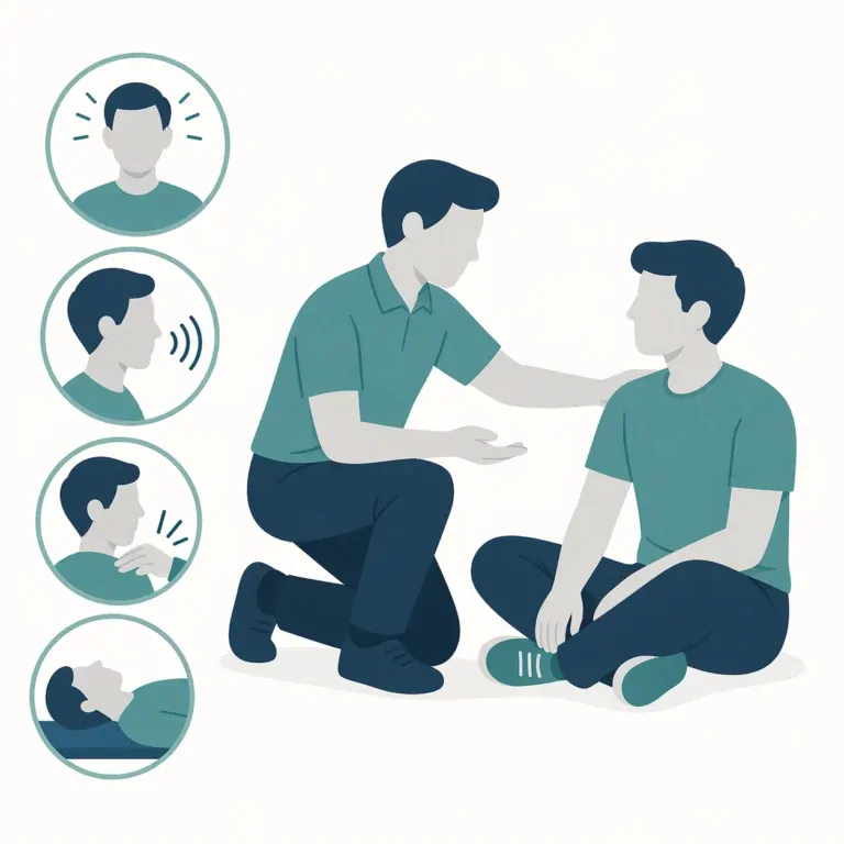 Flat illustration of a responder checking a person with icons representing alert, voice, pain, and unresponsive.