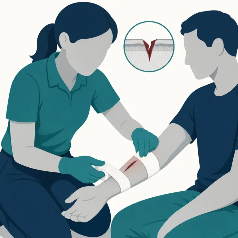 Flat illustration of a first aider dressing a forearm cut with gauze and bandage.