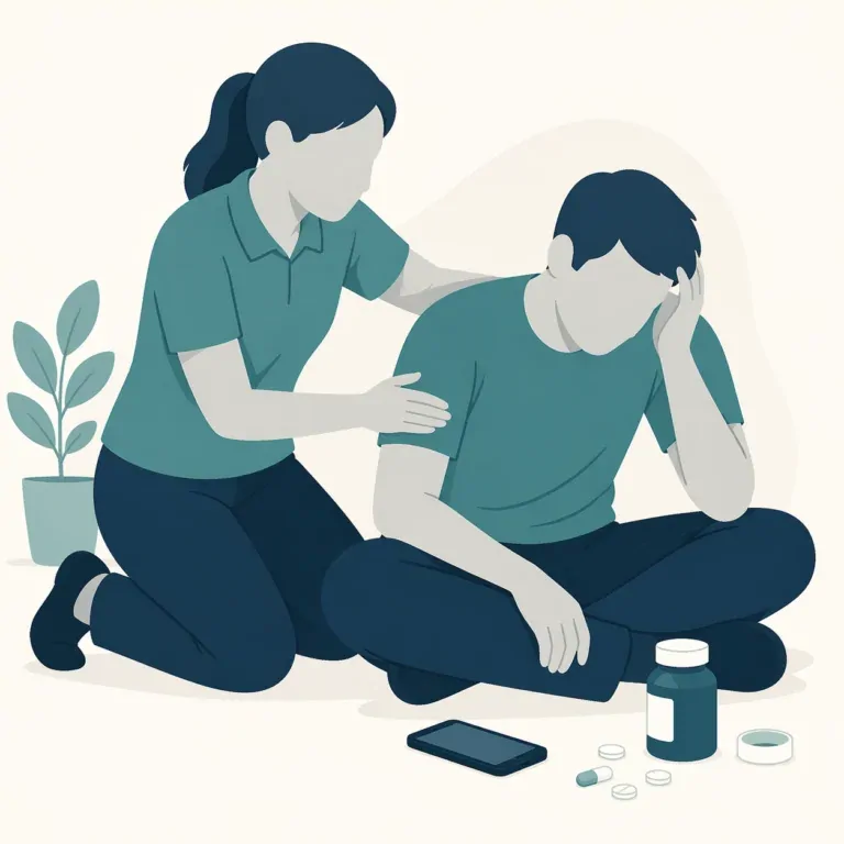 Flat illustration of a responder supporting an unwell seated person beside medicine and a phone to represent overdose response.