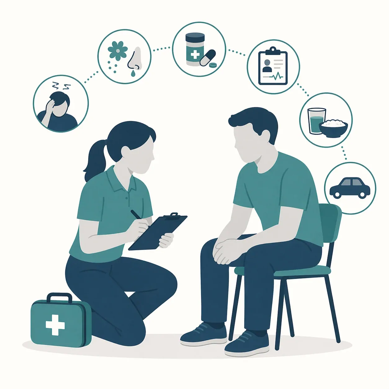 Flat illustration of a first aider taking SAMPLE history from a seated patient with assessment icons.