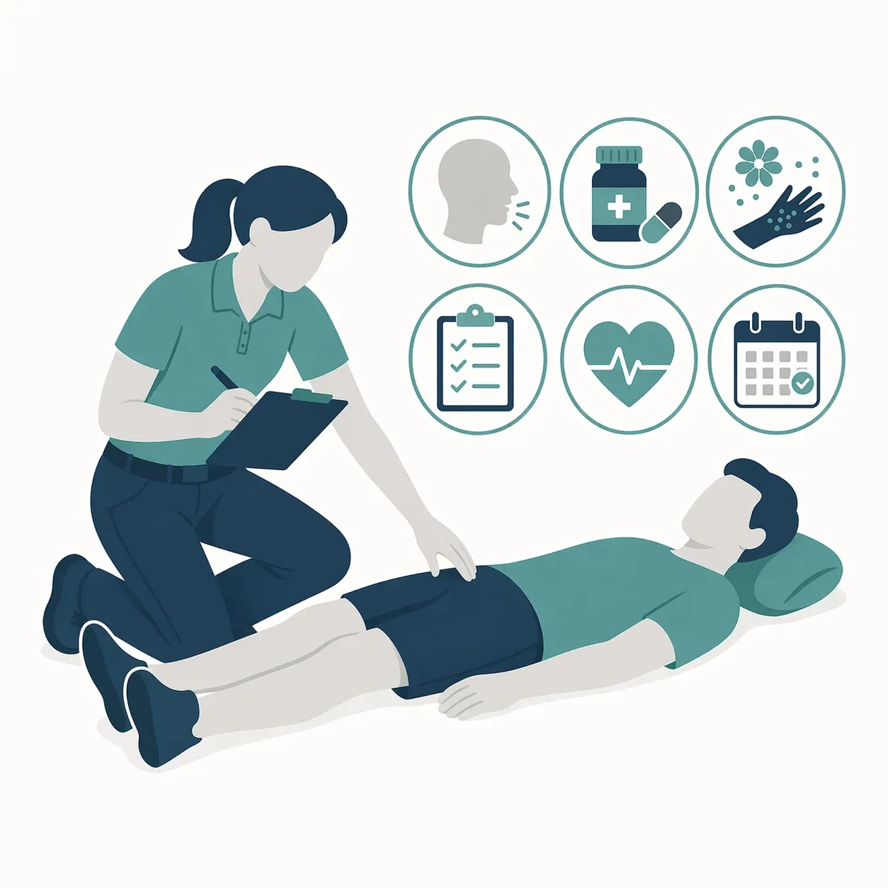 Flat illustration of a first aider carrying out a secondary survey with a clipboard and assessment icons.