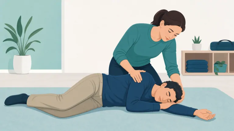 First aider demonstrating the recovery position for an unresponsive person who is breathing normally