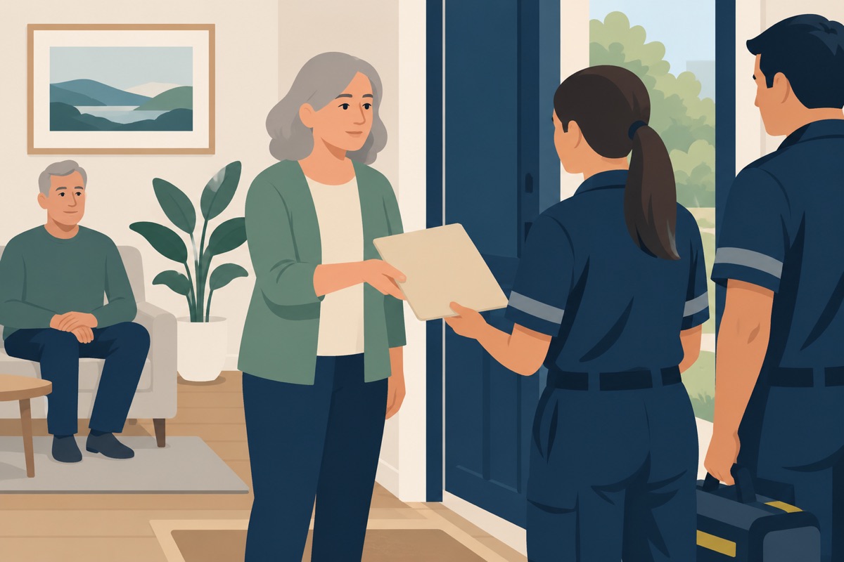 Illustration of a relative handing an advance care document to ambulance clinicians at a home