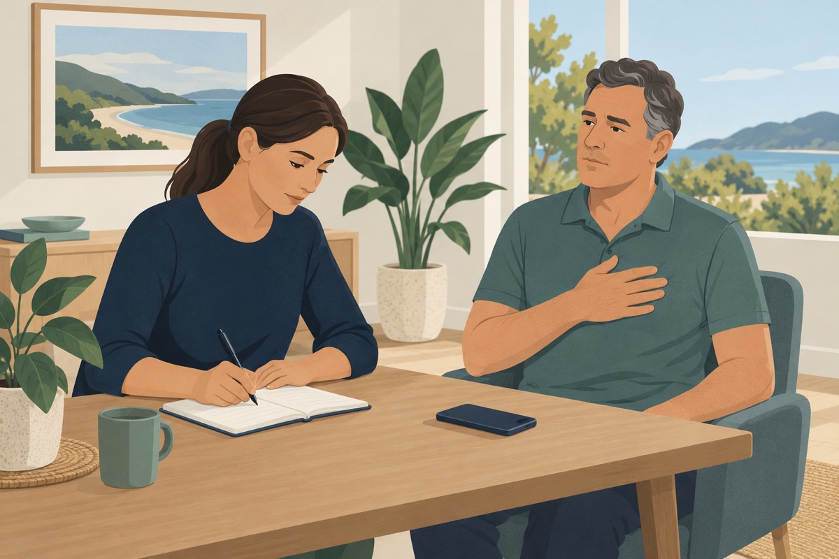 Illustration of a companion noting symptom details while a person with chest discomfort sits comfortably