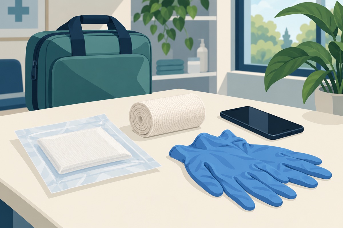Illustration of a sealed non-stick dressing, bandage and gloves laid out for wound first aid
