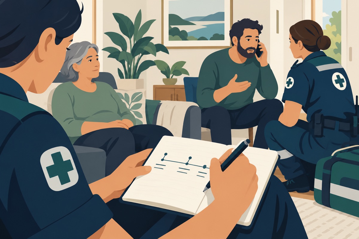 Illustration of a first aider noting changes in a notebook while another helper speaks with responders