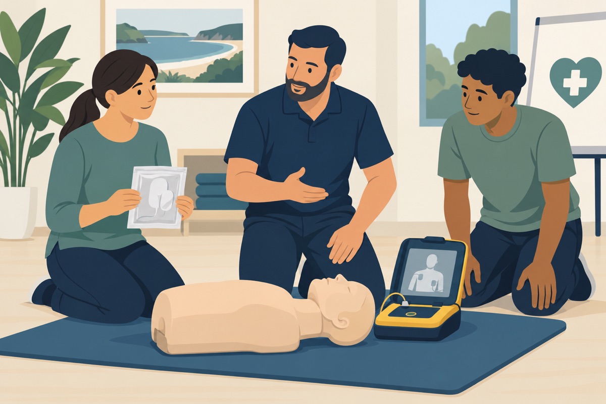 Illustration of first aid learners handling an AED pad packet beside a training manikin